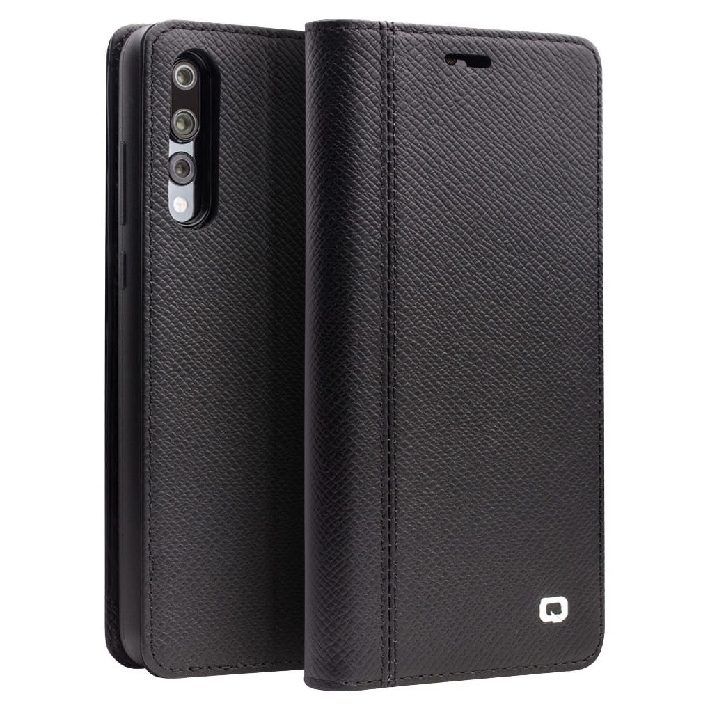 Husa multifunctionala 2 in 1 piele naturala, tip carte + back cover, stand, Huawei P20 Pro - Qialino, culoare Negru