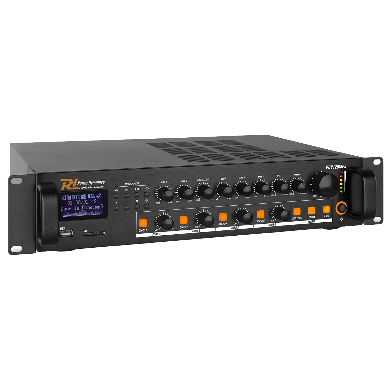 Amplificator mixer pe 4 zone, 100V, 120W, Bluetooth/USB/SD, Power Dynamics PDV120MP3
