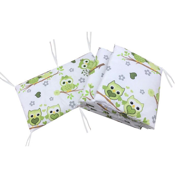 Set 4 aparatori protectii laterale pat pufoase 120x60 cm h39cm Deseda Bufnite cu verde