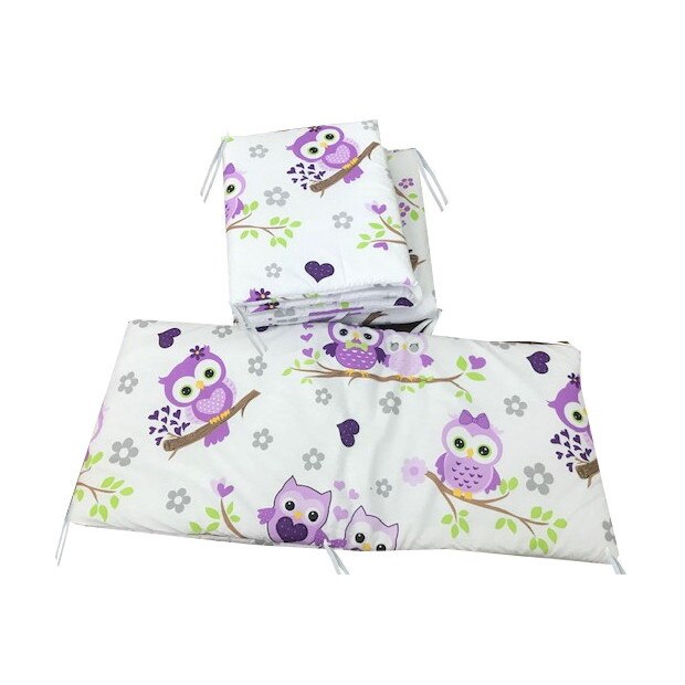 Set 4 aparatori protectii laterale pat pufoase 140x70 cm h39cm Deseda Bufnite cu mov