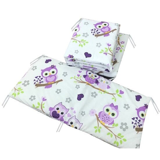 Set 4 aparatori protectii laterale pat pufoase 120x60 cm h39cm Deseda Bufnite cu mov