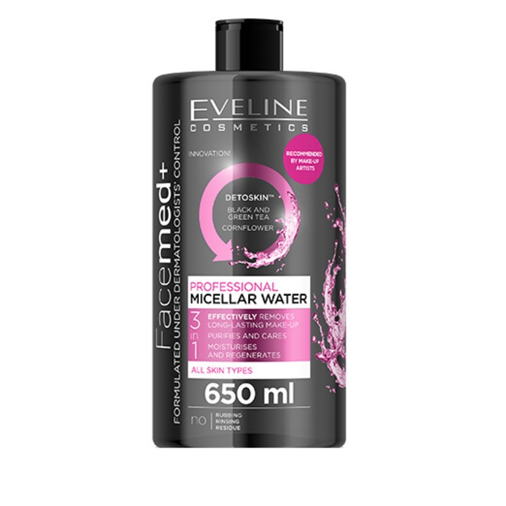 Професионална мицеларна вода, Eveline Cosmetics, 3в1, за всеки тип кожа, 650 ml