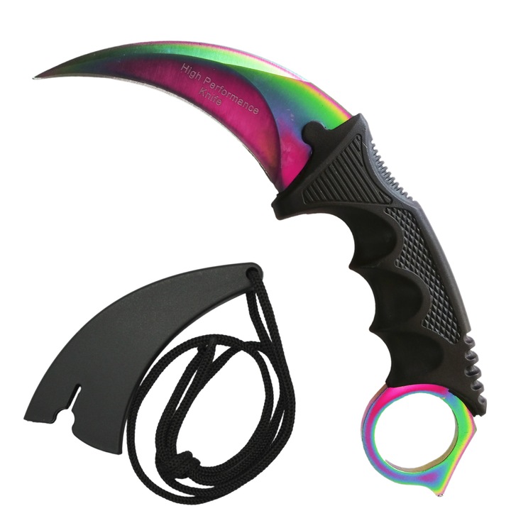 Cutit de vanatoare Depox, Karambit tip CS:GO, multicolor, teaca cu snur inclusa