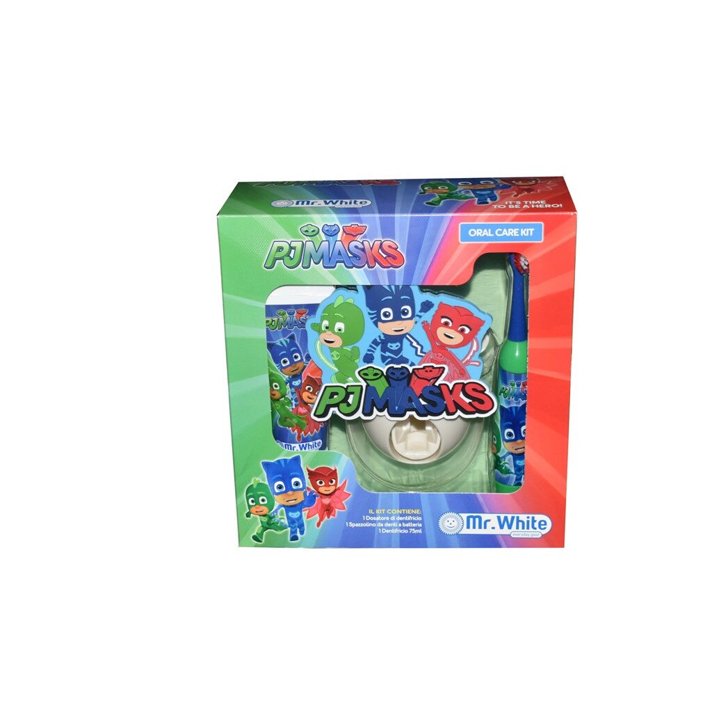 Set de ingrijire orala cu suport Pj Mask eroi in pijamale (periuta de dinti electrica, pasta de dinti 75ml, si dozator),Mr. White, 36 luni+