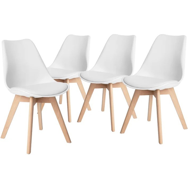Set 4 scaune dining/bucatarie Kring Havana, lemn/PP, perna sezut, Alb