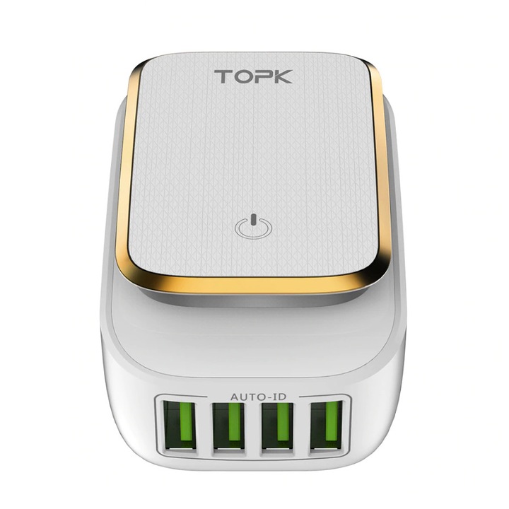 Adaptor USB incarcator, TOPK, 2 -in-1 EU-UK, LED, 4 orificii, 4.4A(Max) 22W, Alb