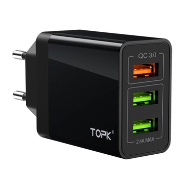Incarcator telefon mobil, TOPK, incarcare rapida, Quick Charge 3.0, 3 orificii USB, Negru Incarcator telefon mobil, TOPK, incarcare rapida, Quick Charge 3.0, 3 orificii USB, Negru