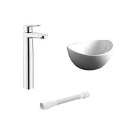 Set gata de instalare lavoar pe blat Rak Ceramics Reema 39.5x32.5 cm, baterie inalta Grohe BauEdge, sifon si ventil Alcaplast