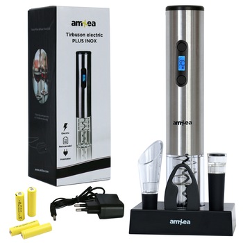 Tirbuson electric amXea Plus Inox, reincarcabil, termometru ambiental, accesoriu taiat folie, aerator, dop pompa vid, baza alimentare, 4 acumulatori Tirbuson electric amXea Plus Inox, reincarcabil, termometru ambiental, accesoriu taiat folie, aerator, dop pompa vid, baza alimentare, 4 acumulatori