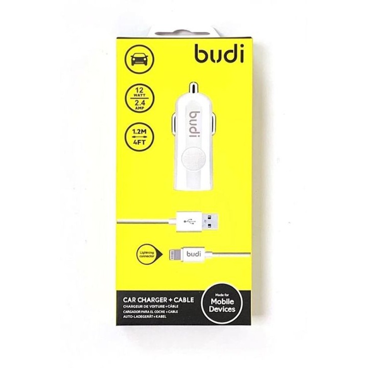 Зарядно за кола Budi M8J062, 2.4A, с кабел за Iphone, Lightning, Бял
