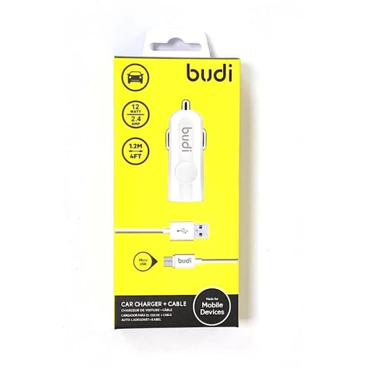 Зарядно за кола Budi M8J062, 2.4A, с кабел Micro USB, Бял