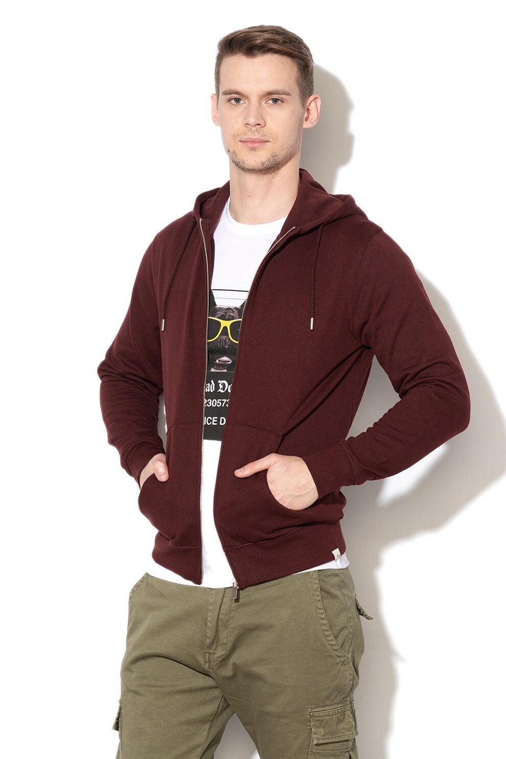 !Solid, Hanorac din bumbac organic cu fermoar Morgan, Rosu Bordeaux, 2XL