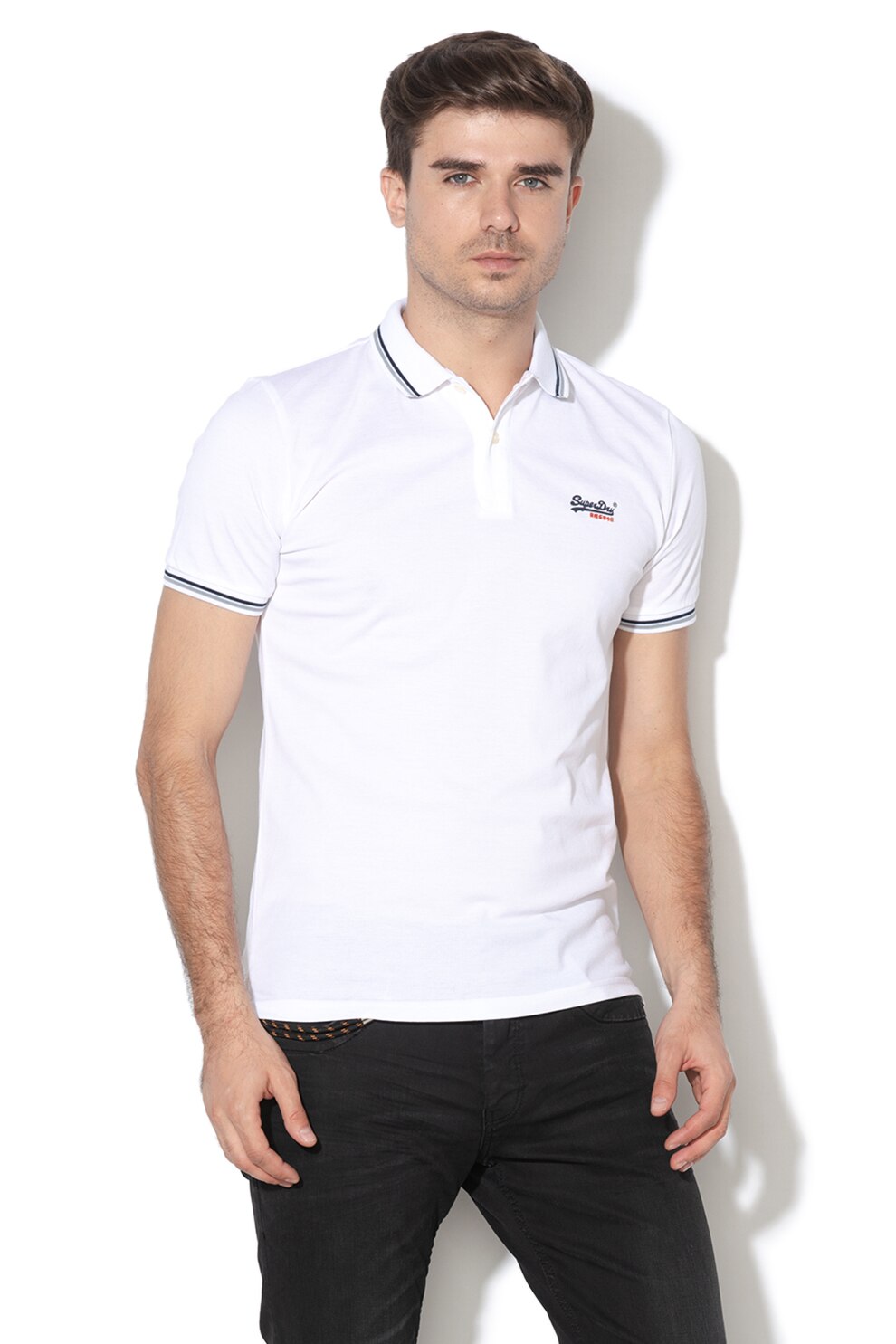 SUPERDRY, Tricou polo din material pique cu logo cauciucat Lite, Alb, M