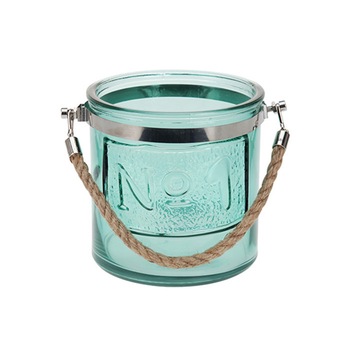 Felinar sticla color, cu maner din iuta, 15x15 cm Felinar sticla color, cu maner din iuta, 15x15 cm