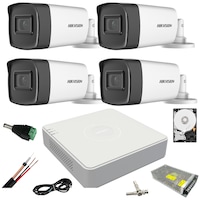 Sistem supraveghere video ultra profesional Hikvision 4 camere exterior 5MP Turbo HD cu IR 80M, full accesorii cu HARD 1TB