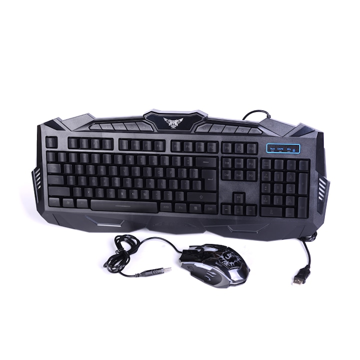 Kit Gaming Tastatura + Mouse Royal V-100, cu fir, conector USB, iluminare din spate RGB, butoane multimedia, Negru