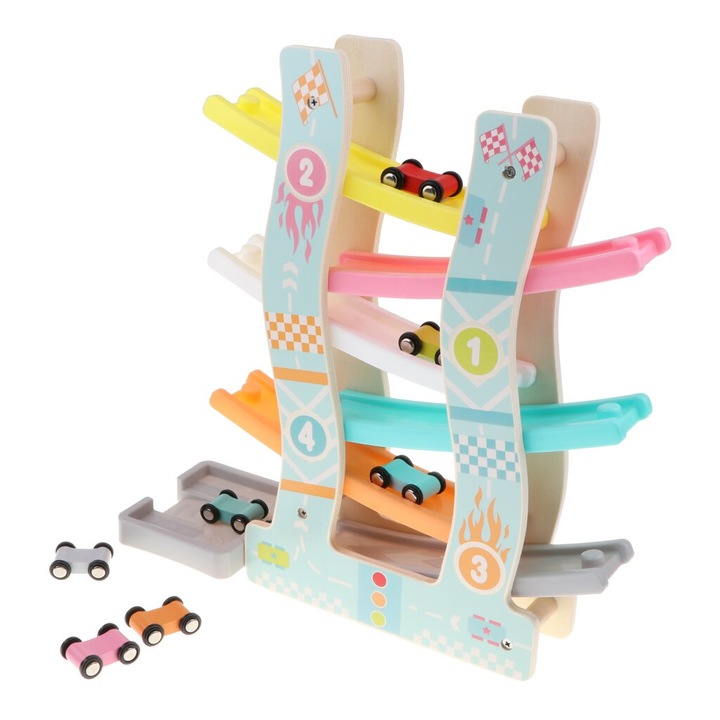 Jucarie educativa , interactiva din lemn, pista de curse cu masinute multicolorate, circuit din lemn cu 6 piste, DLP080