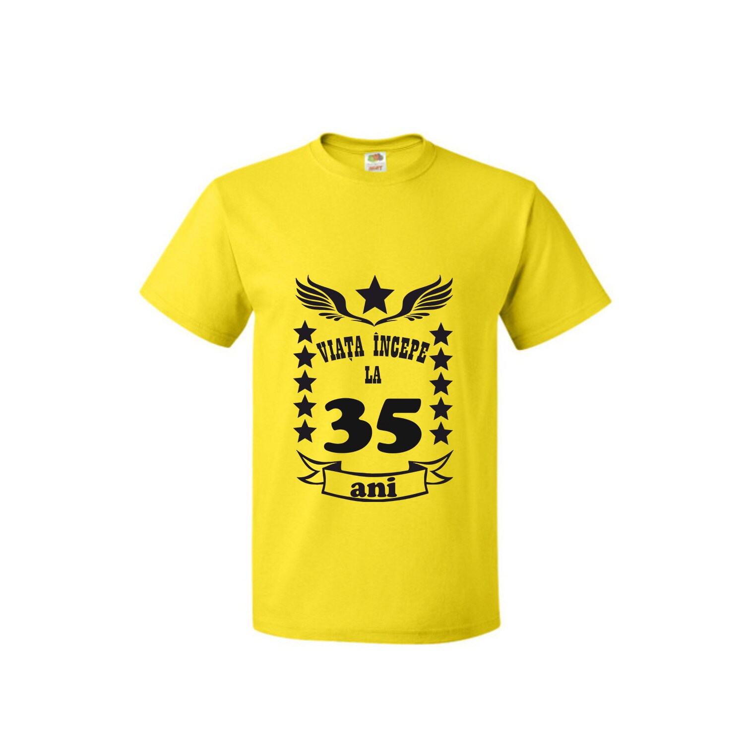 Tricou barbatesc personalizat viata incepe la 35 ani galben L