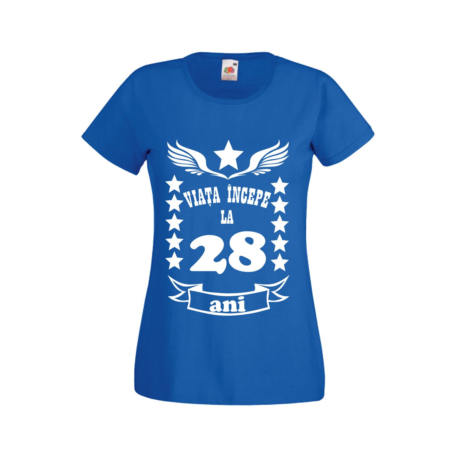 Tricou personalizat dama mesaj aniversare varsta 28 ani albastru L