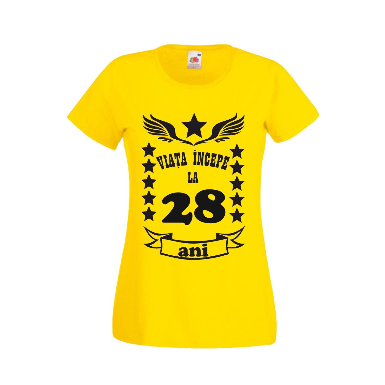 Tricou personalizat dama mesaj aniversare varsta 28 ani galben M