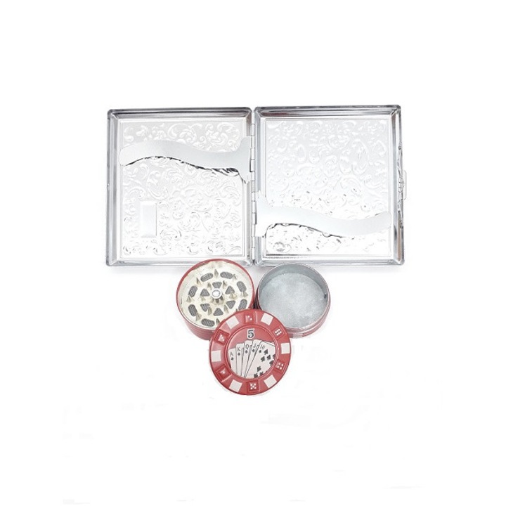 Set Grinder tocat tutun 40 mm, metalic, Poker Chips Rosu + Tabachera metalica Toro