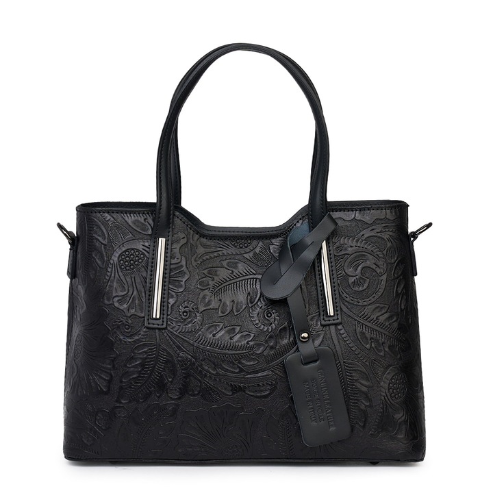 Geanta din piele naturala cu model floral Samantha neagra