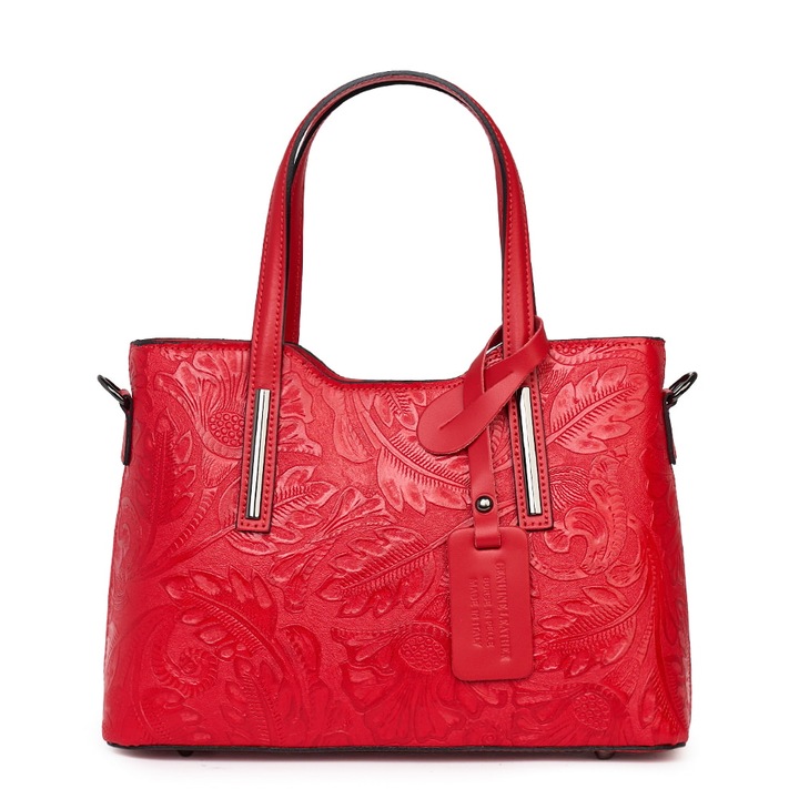 Geanta din piele naturala cu model floral Samantha rosie