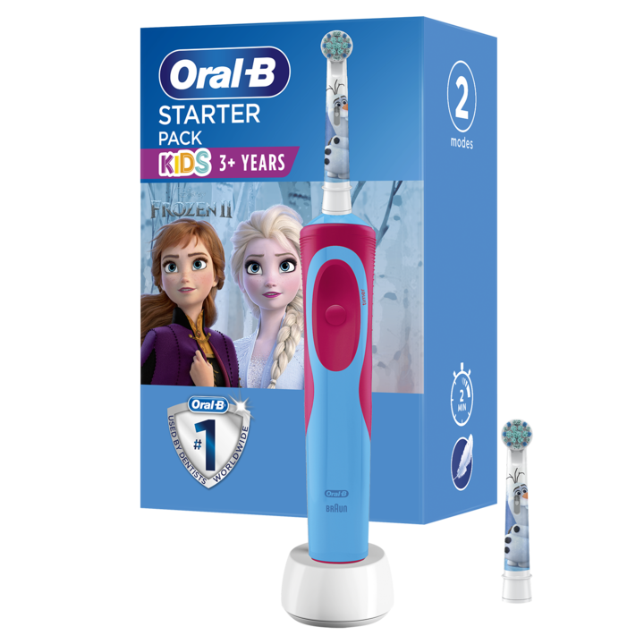Periuta de dinti electrica pentru copii Oral-B Vitality Frozen, 7600 oscilatii/min, Curatare 2D, 1 program, 2 capete, Albastru/Roz