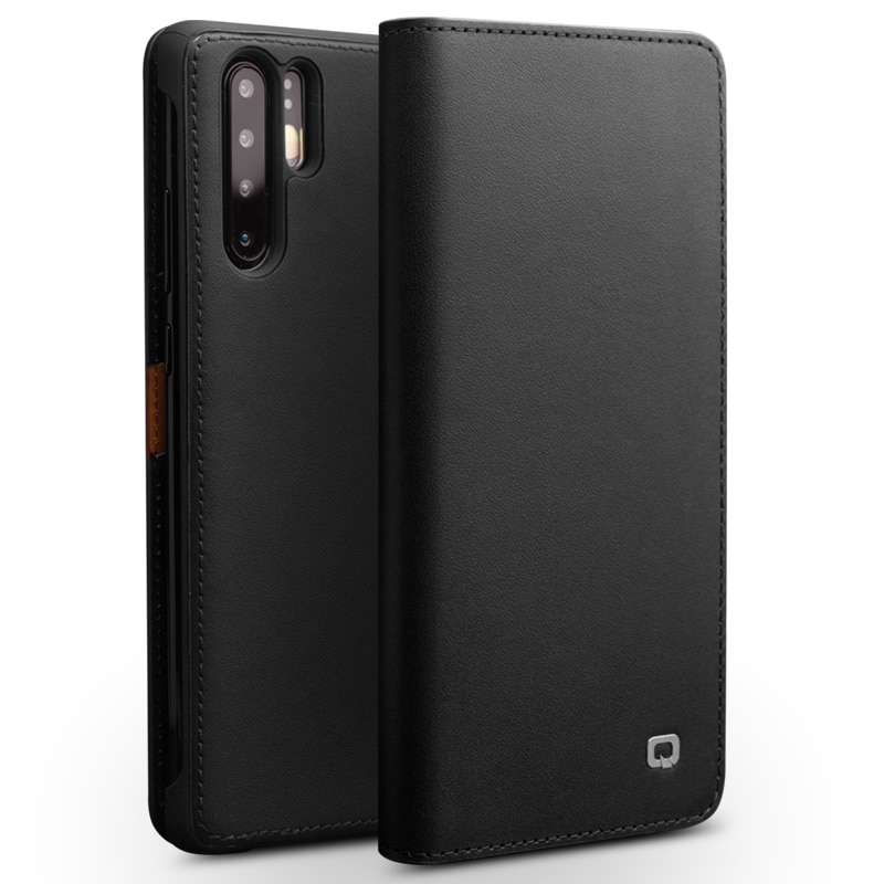 Husa din piele naturala mata tip carte, cu buzunare carduri, Huawei P30 Pro - Qialino Business Classic, culoare Negru
