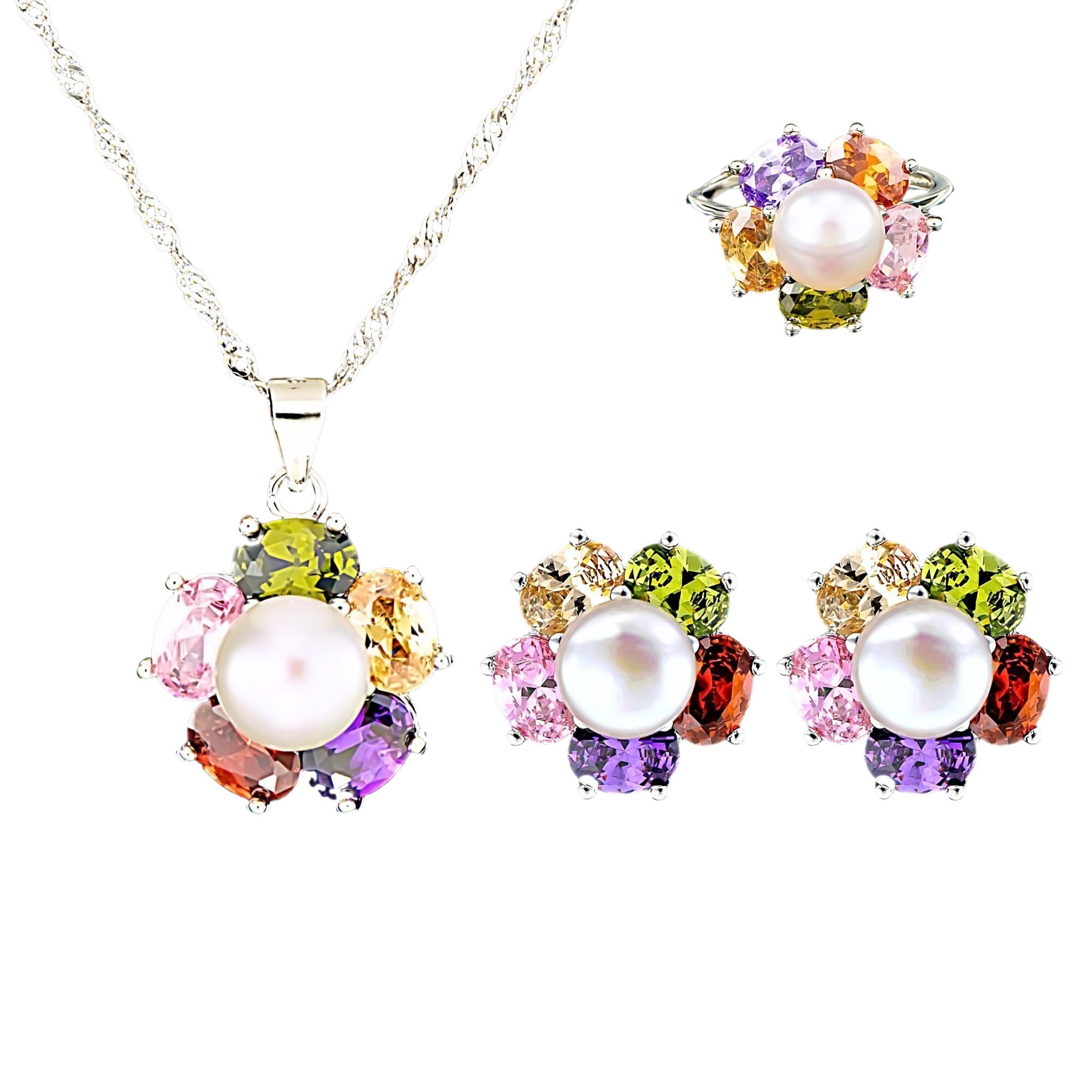 Set din Argint 925 cu Perle Naturale si Diamante, Flower