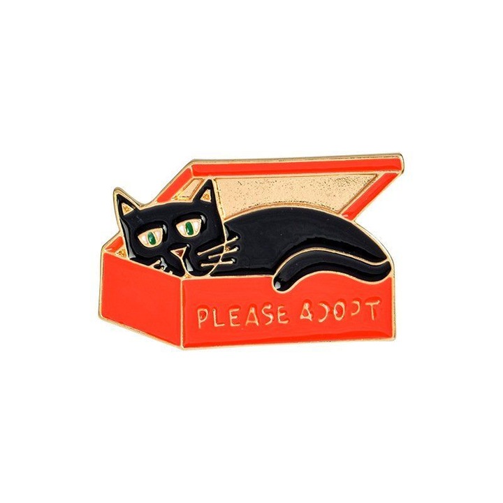 Значка Pin Please Adopt, Осинови котка, Двойна закопчалка, Червено и черно