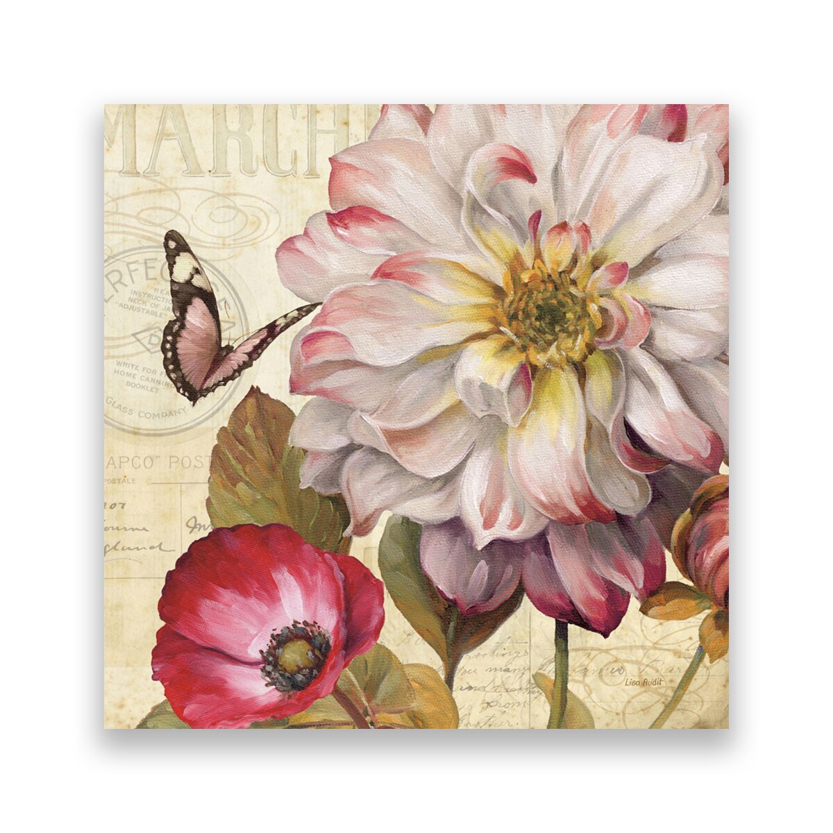 Tablou Canvas - Vintage, Bujori, Fluture, 100 x 100 cm