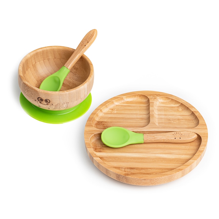 Oaki gyermek bambusz etető készlet, tányér és 2 kanál, zöld