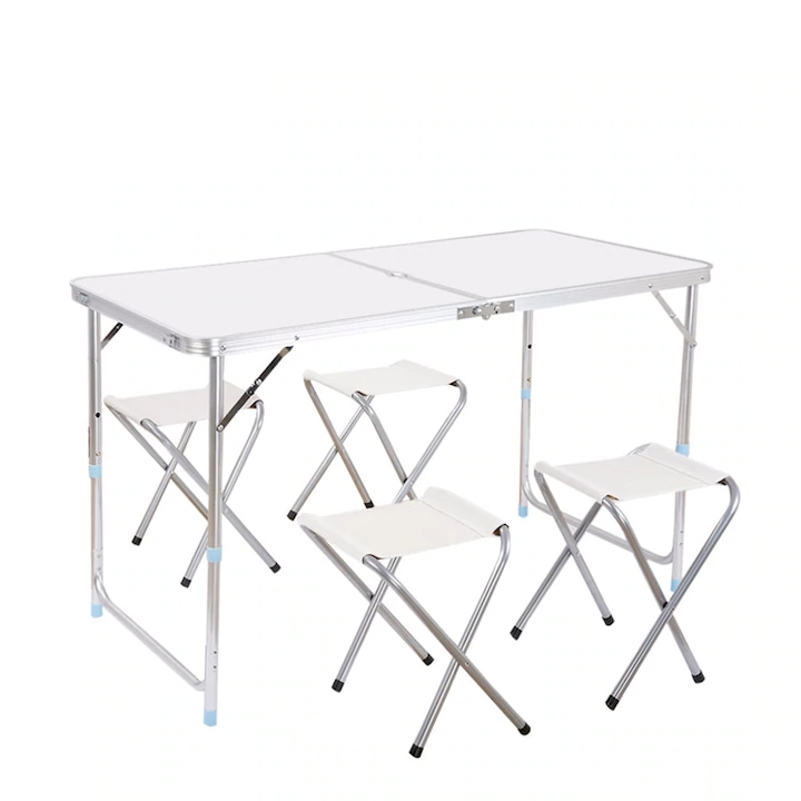 Universal Összecsukható asztal készlet + 4 szék, alumínium, Fehér /Ezüst
