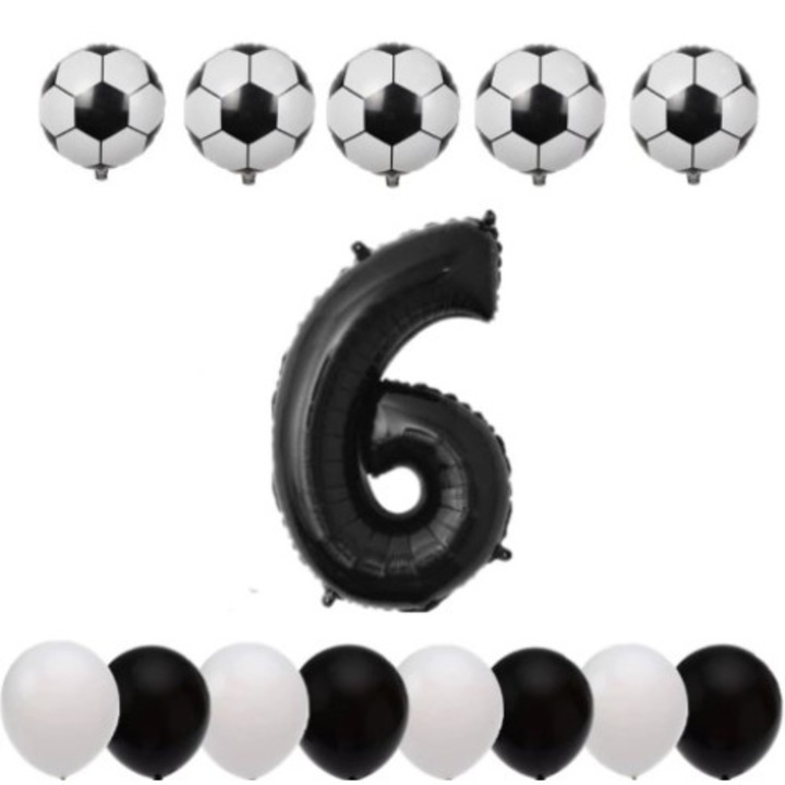 Tematikus születésnapi lufi készlet, 6 éves - futball - fehér/fekete