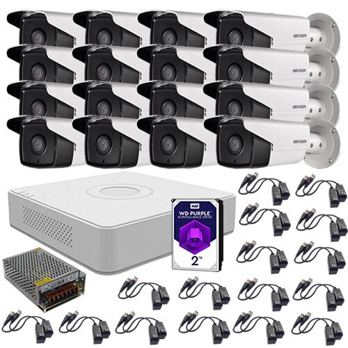 Sistem supraveghere video 16 camere 2MP interior/exterior Hikvision, FullHD + HDD 2TB cu toate accesoriile incluse