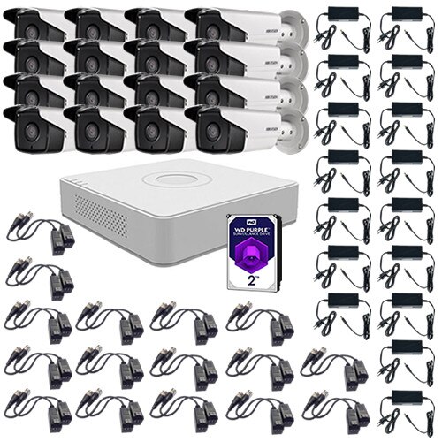 Sistem supraveghere video 16 camere 2MP interior/exterior Hikvision, FullHD + HDD 2TB cu accesorii montaj incluse