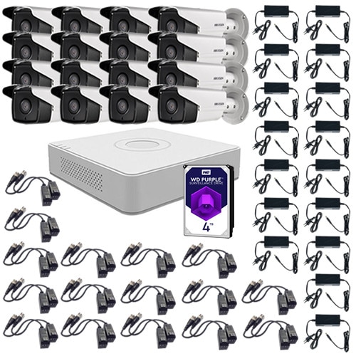 Sistem supraveghere video 16 camere 2MP interior/exterior Hikvision, FullHD + HDD 4TB cu accesorii montaj incluse