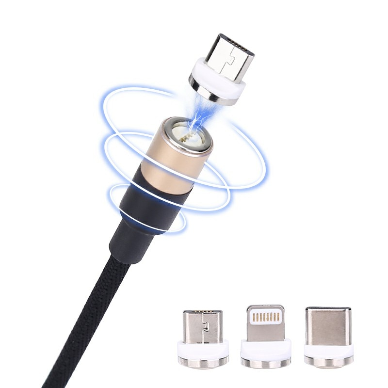 Cablu de date / incarcare magnetic 3 in 1 Micro USB, Type-C, Lightning 1m, textil, Auriu, BBL898