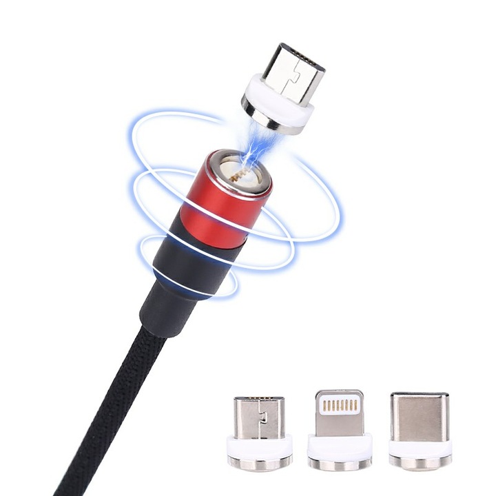 Магнитен кабел за данни / зареждане 3 в 1 Micro USB, Type-C, Lightning 1m, текстил, Червен, BBL896