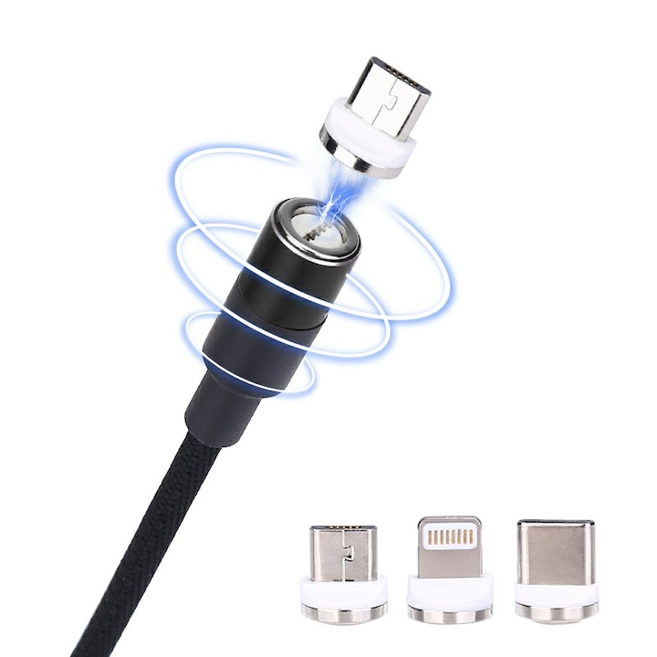 Mágneses adat-/töltőkábel 3 az 1-ben kompatibilis Apple csatlakozók, Micro USB, Type-C, 1m, textil, fekete, BBL897