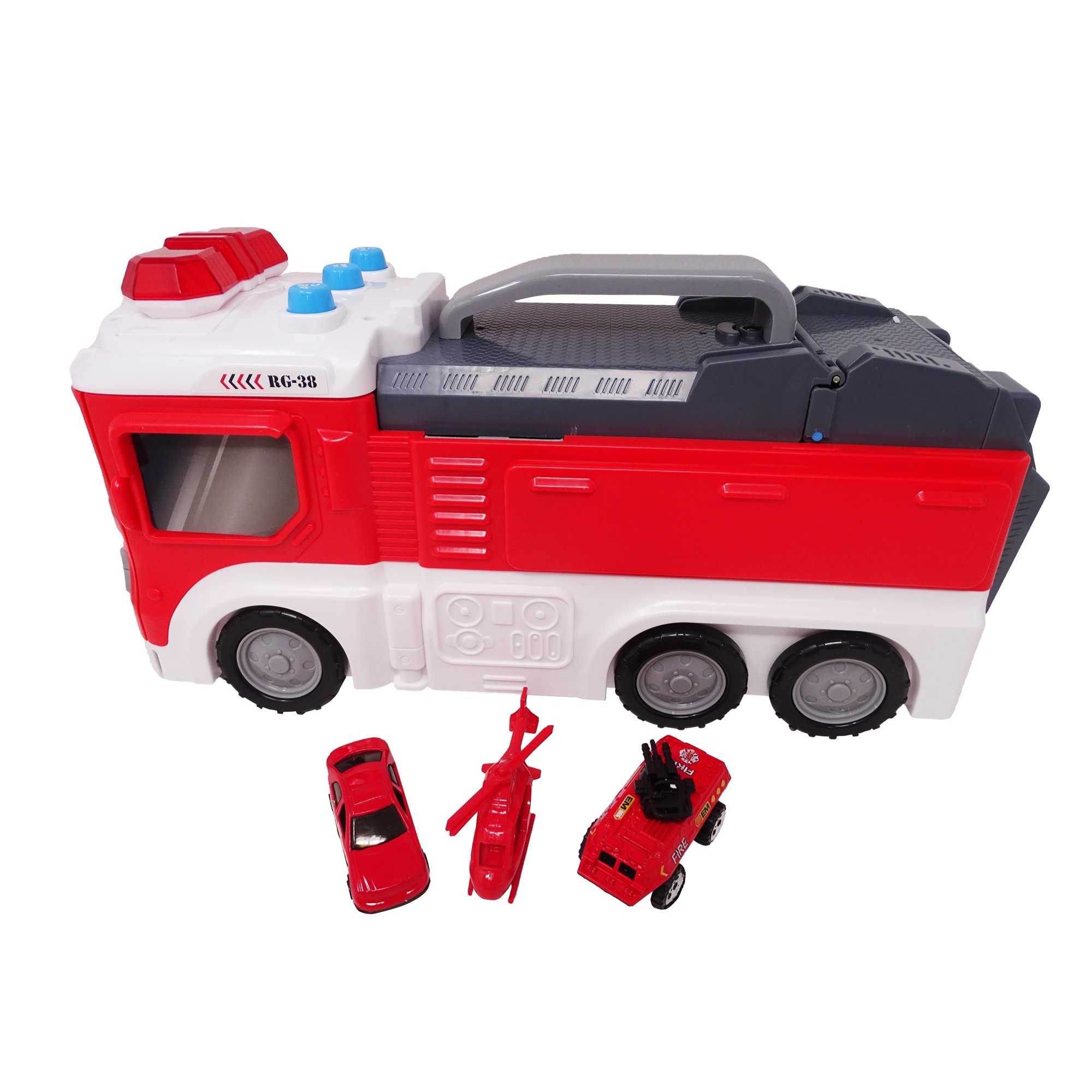 Jucarie Camion rosu, cu pista incorporata, cu 2 masini si 1 elicopter