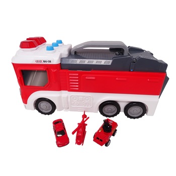 Jucarie Camion rosu, cu pista incorporata, cu 2 masini si 1 elicopter Jucarie Camion rosu, cu pista incorporata, cu 2 masini si 1 elicopter