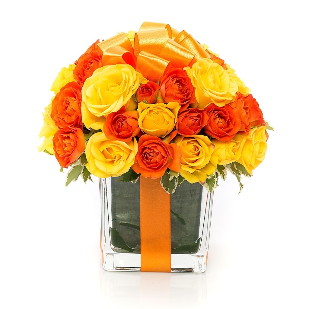 Cadou cu minirosa galbena si portocalie