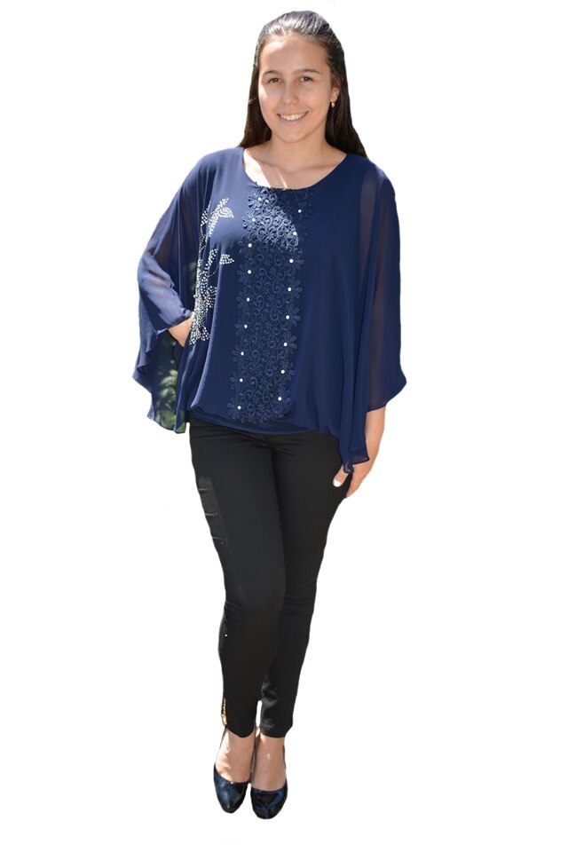 Bluza eleganta,model cu flori din strasuri,D&J Exclussive,turcoaz, 44 EU, Albastru marin