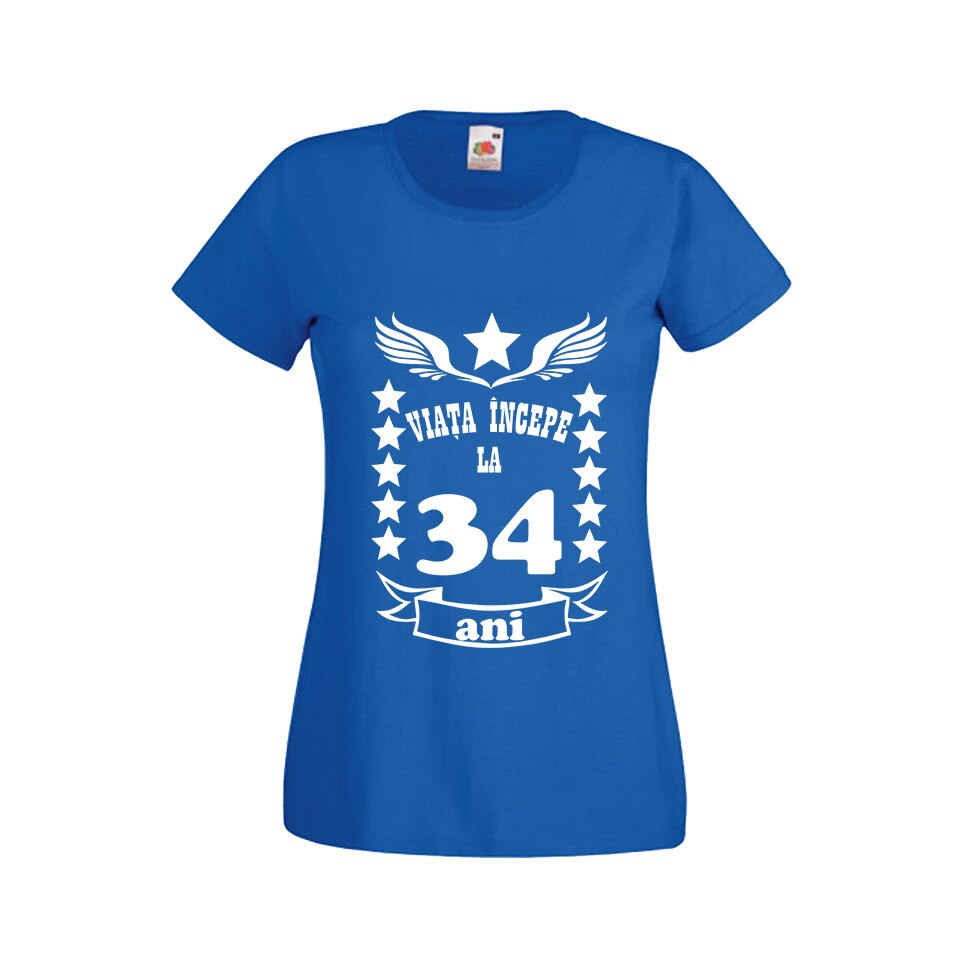 Tricou dama personalizat viata incepe la 34 ani albastru 2XL