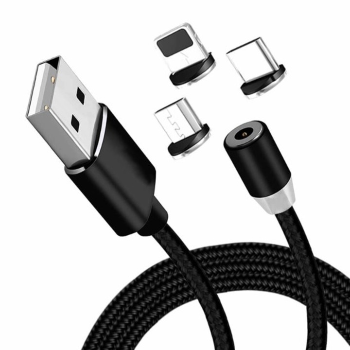 Магнитен USB кабел 3в1 Micro USB / TYPE C / LIGHTNING Черен
