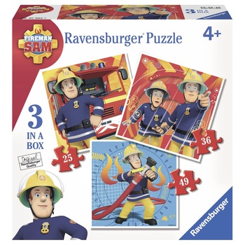 Puzzle Ravensburger - Pompierul Sam, 3 in 1, 25/36/49 piese Puzzle Ravensburger - Pompierul Sam, 3 in 1, 25/36/49 piese