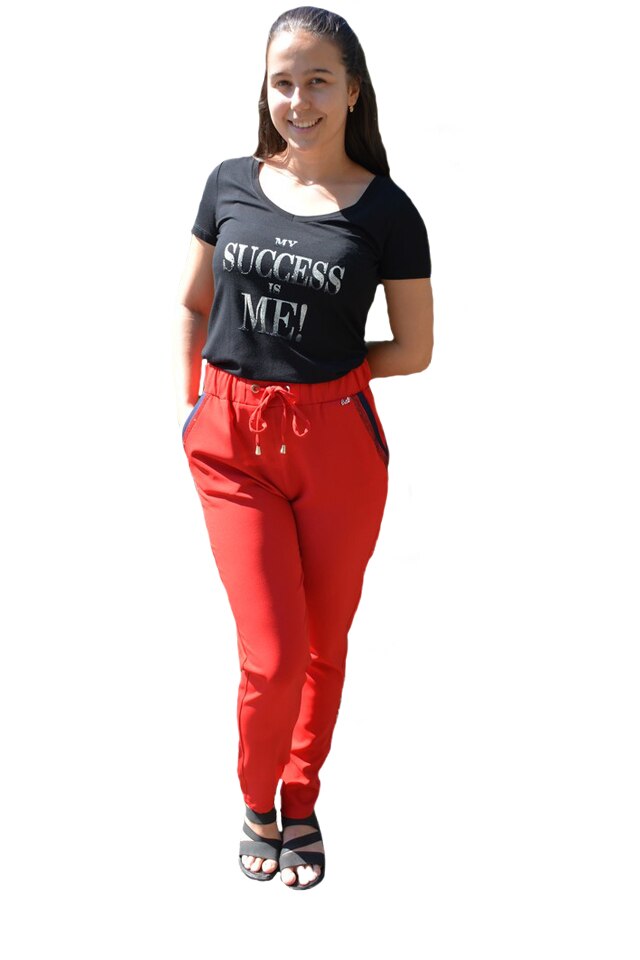 Pantaloni lejeri lungi,model cu strasuri la buzunar,D&J Exclussive, Rosu