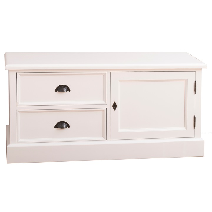 Comoda mica tv cu 1 usa si 2 sertare, culoare alb, 100% lemn masiv, 120x40x57 cm